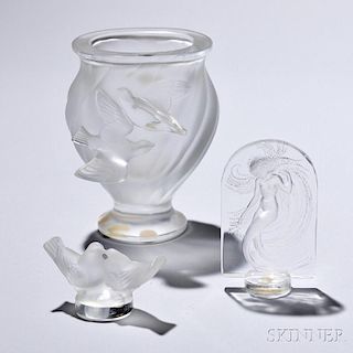 Lalique Bird Vase and Two Sculptures
