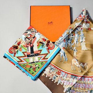 Two Hermes Scarves and Box