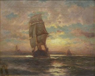Signed 19th C. Oil on Canvas. Ship at Dusk.