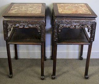 Two Antique Asian Hardwood Marble Top Tables.
