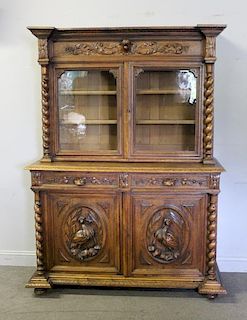 Antique Continental Highly Carved Oak Cabinet.
