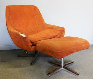 Midcentury Upholstered Swivel Chair and Ottoman.