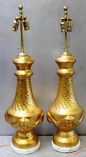 Midcentury Pair Marbro of Gilt Porcelain Lamps.