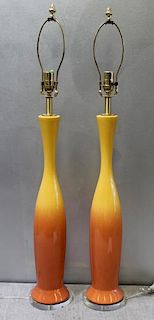 Modern Pair of Marigold Ombre Glazed Lamps.