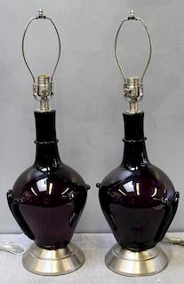 Midcentury Pair of Amethyst Glass Table Lamps.
