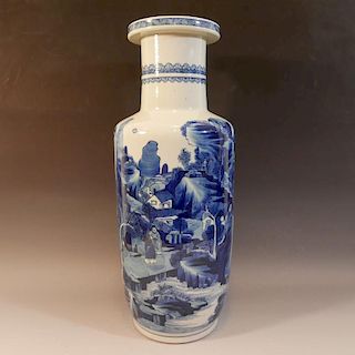 MAGNIFICENT CHINESE BLUE WHITE PORCELAIN ROULEAU VASE - KANGXI PERIOD