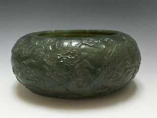 A CARVED SPINASH-GREEN JADE WATERPOT. 18TH/19TH CT