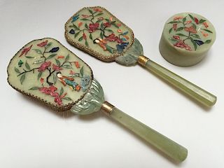 A SET OF CHINESE ANTIQUE JADE CARVING MIRROR, BRUSH AND POWDER BOX