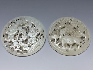 A FINE PAIR OF WHITE JADE PENDANTS 19TH CT