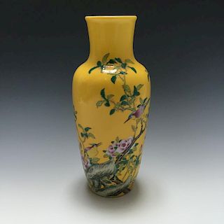 A YELLOW-GROUND ENAMELLED FLOWER VASE, YONGZHENG MARKED & PERIOD.