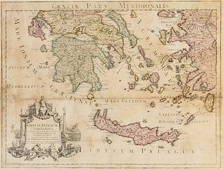 * (MAP) DE L'ISLE, GUILLELME. Graeciae Antiquae Tabula Nova. London, 1725. Double-page hand-colored engraved map.