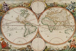 * STOOPENDAAL, DANIEL. Werelt Caert. [Amsterdam, c. 1680] Double-page engraved double-hemisphere world map. Framed and matted.