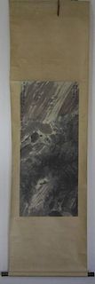 CHINESE WATERCOLOR PAINTING SCROLL DEPICTING MOUNTAIN AND WATERFALL. SIGNED.