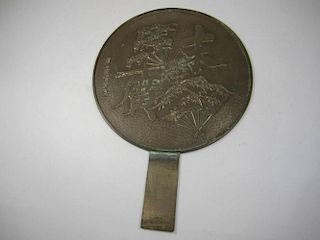 EARLY JAPANESE BRASS MIRROR WITH HANDLE, MARKED