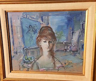 Impressionist Style painting of Lady in Blue Interior