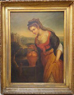 European 19th Century Painting Girl at Well