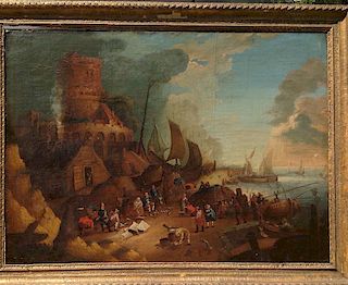 Old Master Dutch Painting 17th Century Baroque Fishing Village