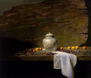 David Leffel, "Landscape with Oriental Vase and Apricots"
