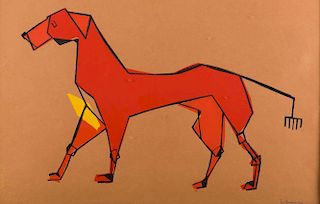 Paul Browning Cubist Dog Watercolor on Paper