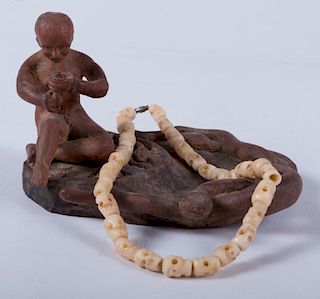 Carved Wood Pin Tray & Bone Necklace