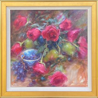 Lois Virginia Babb, "“Still Life with Roses and Fruit”. Alla Prima