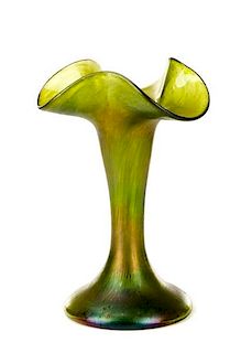 Czech Art Glass Vase, Green with Oil Spot Motif