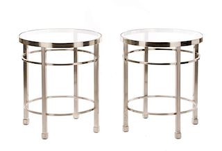 Pair of MCM Brushed Steel & Glass Side Tables