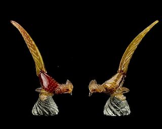 Pair, Murano Glass Pheasants, Attributed to Seguso