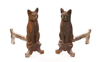 Charming Figural Cat Firedogs w/ Green Glass Eyes