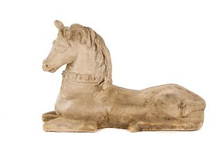 Figural Cast Stone Garden Sculpture, Seated Horse
