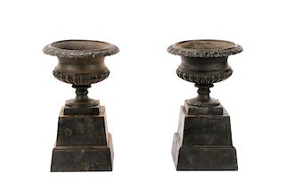 Pair Of Cast Iron Gadrooned Garden Urns On Stands