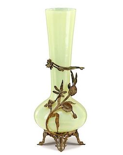 Art Nouveau Yellow Opaline Glass & Metal Vase