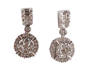 Pair, 14k White Gold & Baguette Diamond Earrings