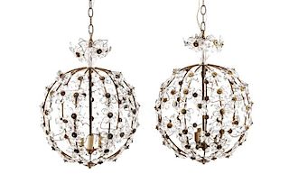 Pair of Bagues Style Crystal Ball Chandeliers