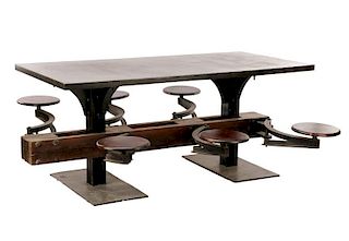Industrial Iron, Wood 6 Seat Swing-Out Stool Table