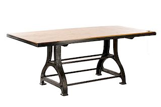 Industrial Stained Oak Wood & Iron Dining Table