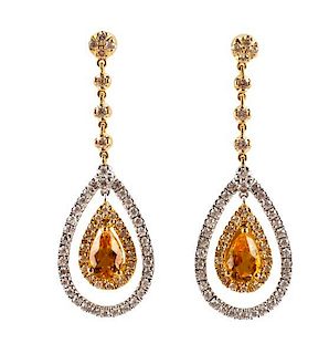 Pair of 18k Gold, Diamond & Citrine Earrings