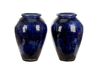 Pair Of Monumental Blue Glaze Olive Jars