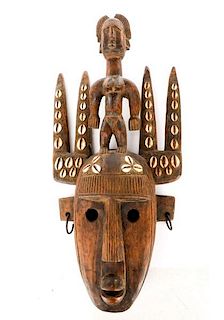 African Bamana Carved Wood & Cowrie Shell Mask