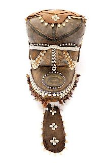 African Carved Beaded & Shell Accented Helmet Mask