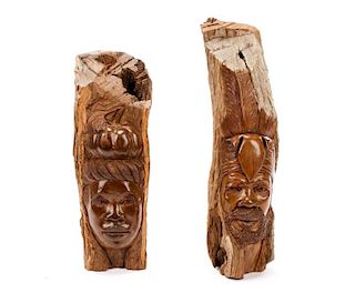 Pair, Carved Wood Tree Trunks w/ African Portraits