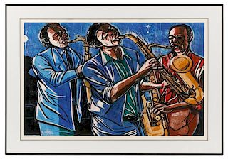 Maxwell Taylor, "Three Sax", Signed 1989 Woodcut
