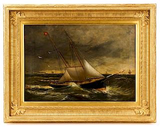 American School, Ships In A Storm, Oil On Canvas