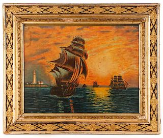 American School, "Ships At Sunset", Oil