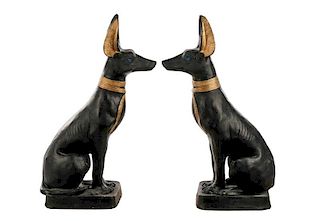 Pair of Large Paint Decorated Anubis Guardian Dogs