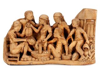 Relief Carved Wood Figural Group, Signed Pierre