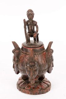 African Baule Carved Wood Covered Figural Vessel