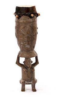 African Senufo Carved Wood & Hide Drum or Pinge