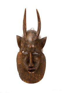 African Baule Tribal Carved Wood Mask, Horned