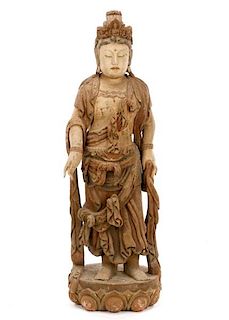 Chinese Carved Wood Polychrome Standing Quan Yin